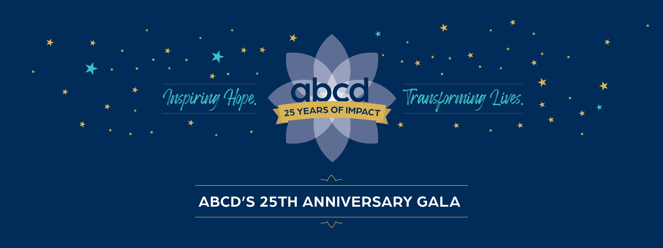 ABCD 25 Years of Impact logo. Inspiring Hope. Transforming Lives. ABCD's 25th Anniversary Gala